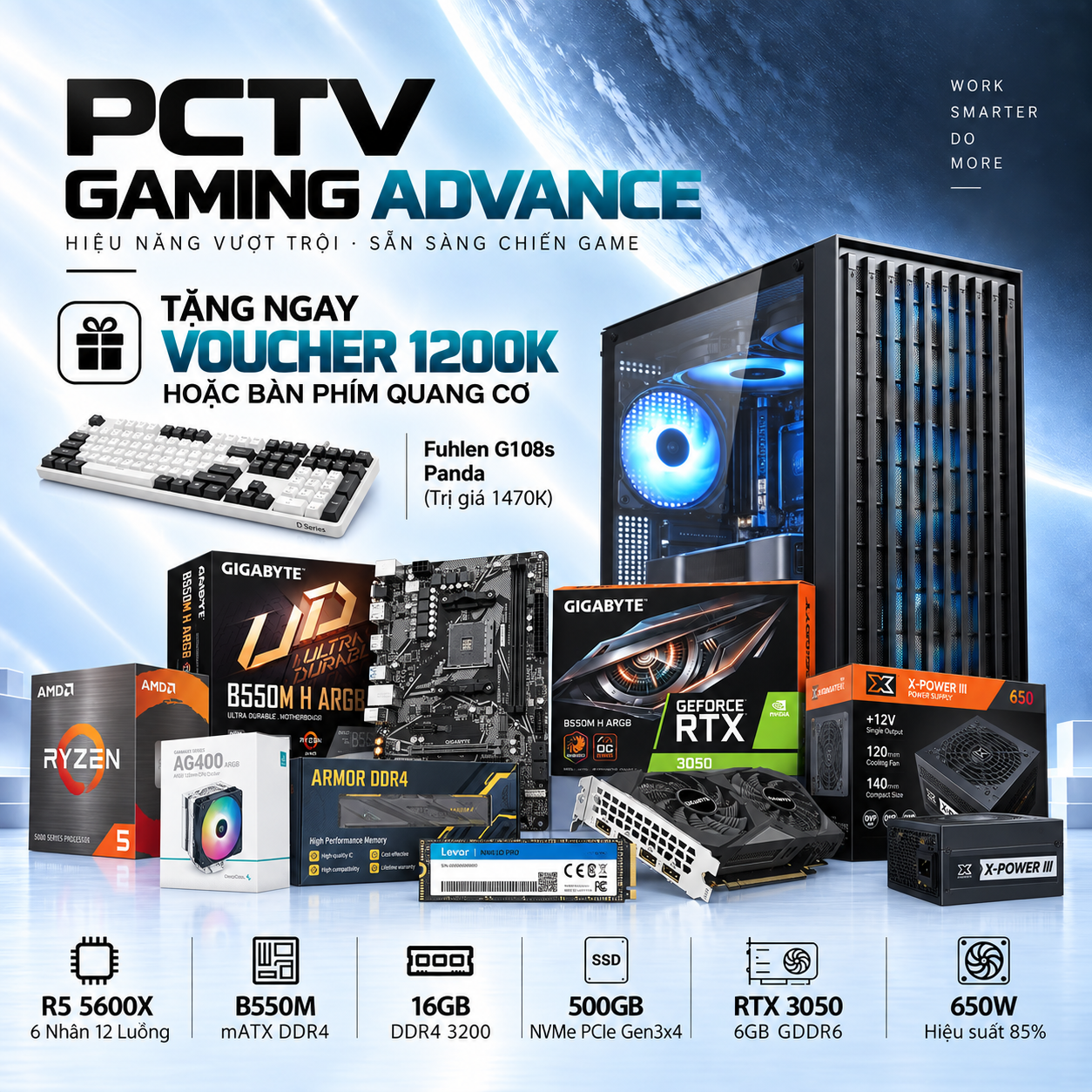 PCTV Gaming Advance (R5 5600X/1x16GB RAM/RTX3050 6GB/500GB SSD NVMe/600W)