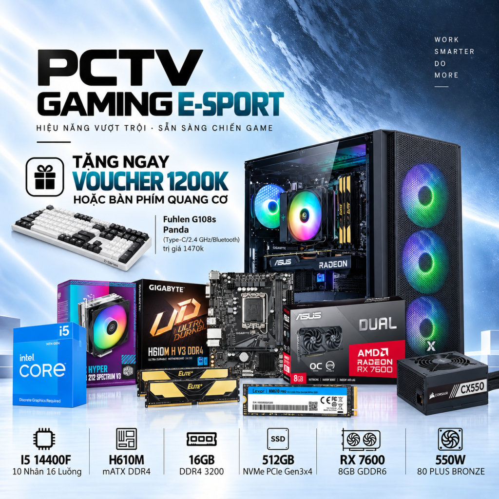 PCTV Gaming Esport (i5-14400F/2x8GB RAM/RX 7600 OC/512GB NVMe/500W)