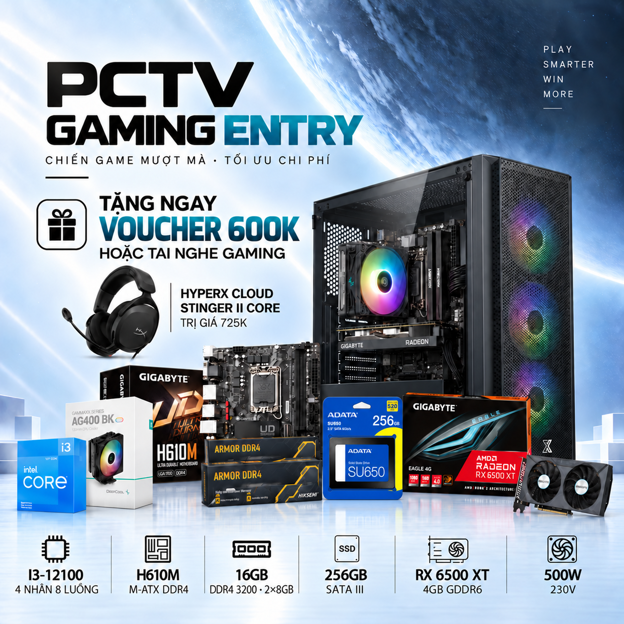 PCTV Gaming Entry (I3-12100/2x8GB RAM/RX6500XT 4GB/256GB SATA3/500W)