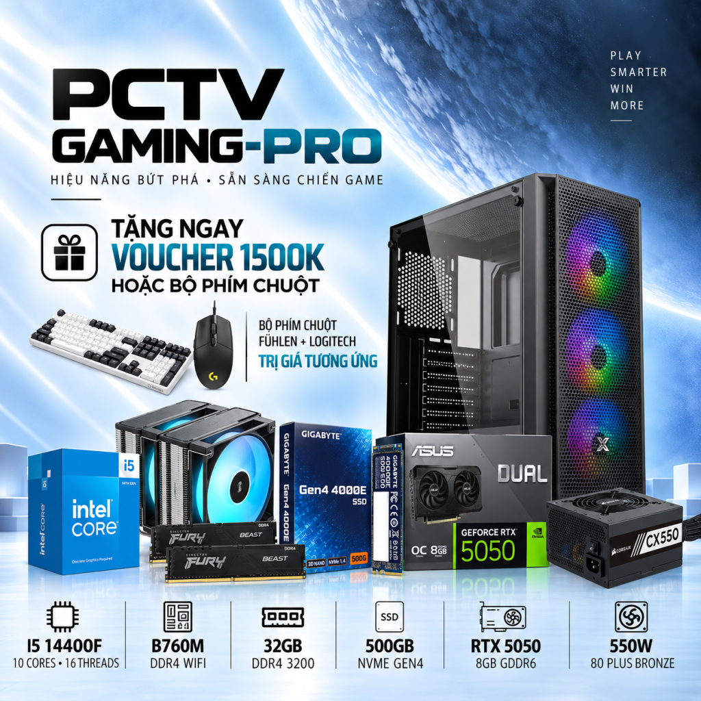 PCTV Gaming Pro (i5-14400F/2x16GB 3200Mhz/RTX5050 8GB/500GB NVMe/550W Bronze)