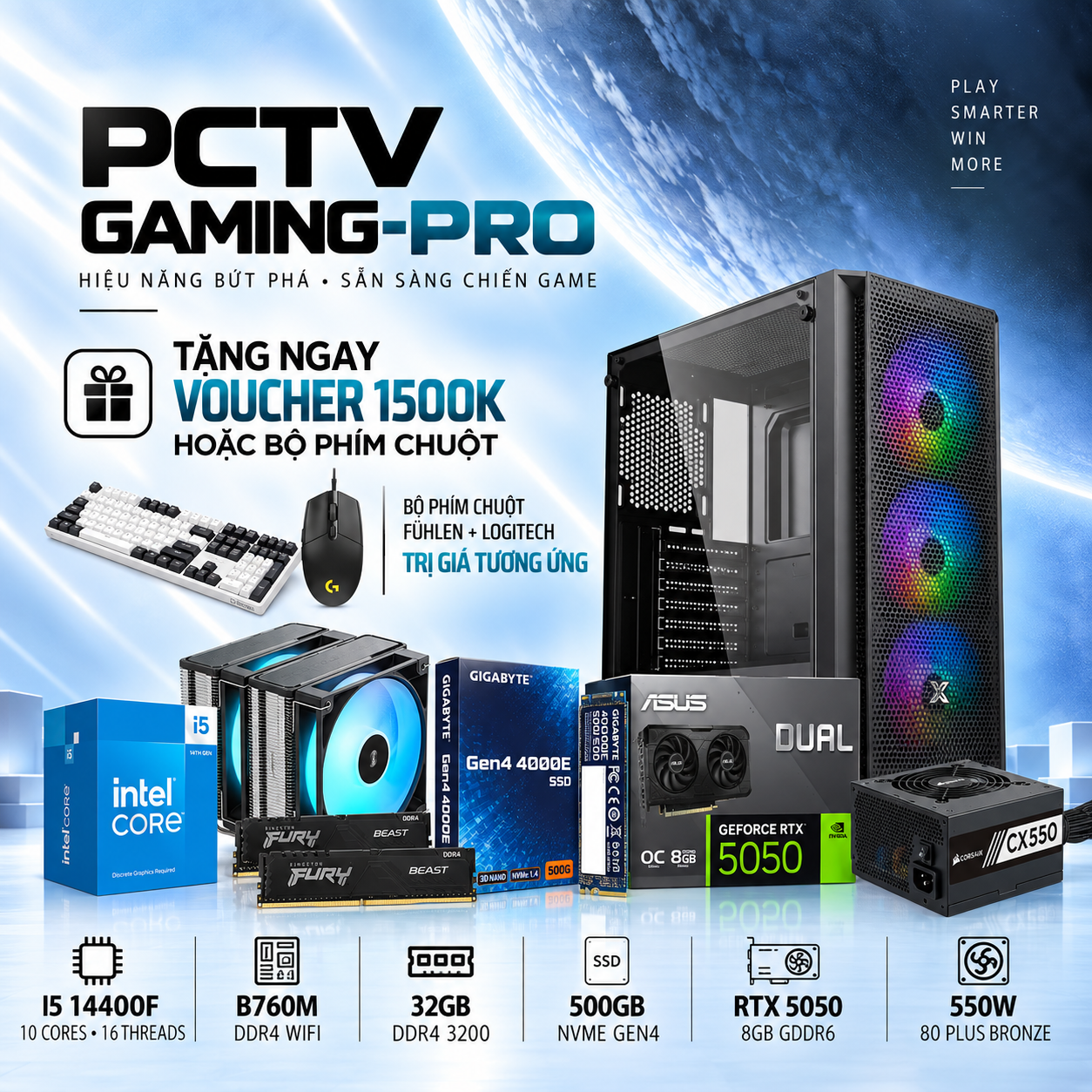 PCTV Gaming Pro (i5-14400F/2x16GB 3200Mhz/RTX5050 8GB/500GB NVMe/550W Bronze)