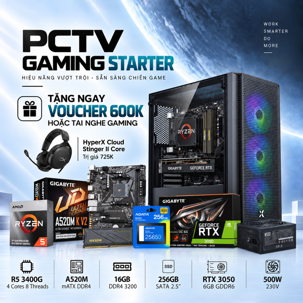 PCTV Gaming Starter (Ryzen 3400G/2x8GB 3200Mhz/256GB SATA3/RTX3050 6GB/500W)