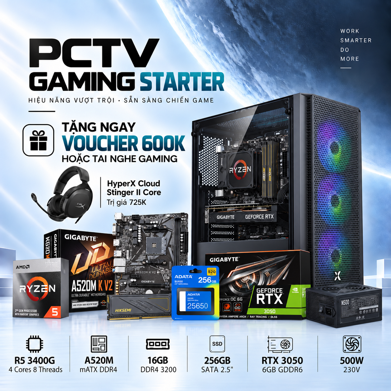 PCTV Gaming Starter (Ryzen 3400G/2x8GB 3200Mhz/256GB SATA3/RTX3050 6GB/500W)